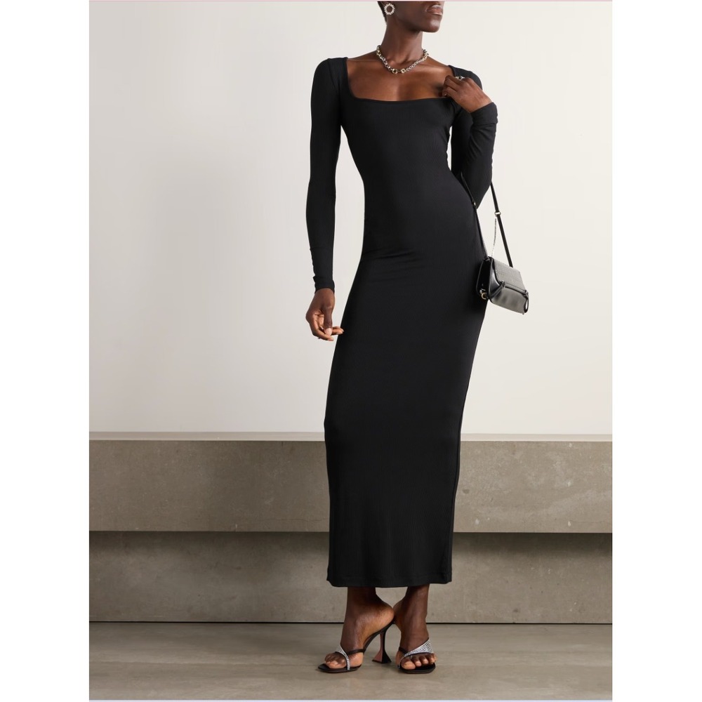 Skims Soft Lounge Maxi Dress Ribbed Stretch Modal Onyx Black Women M EUC